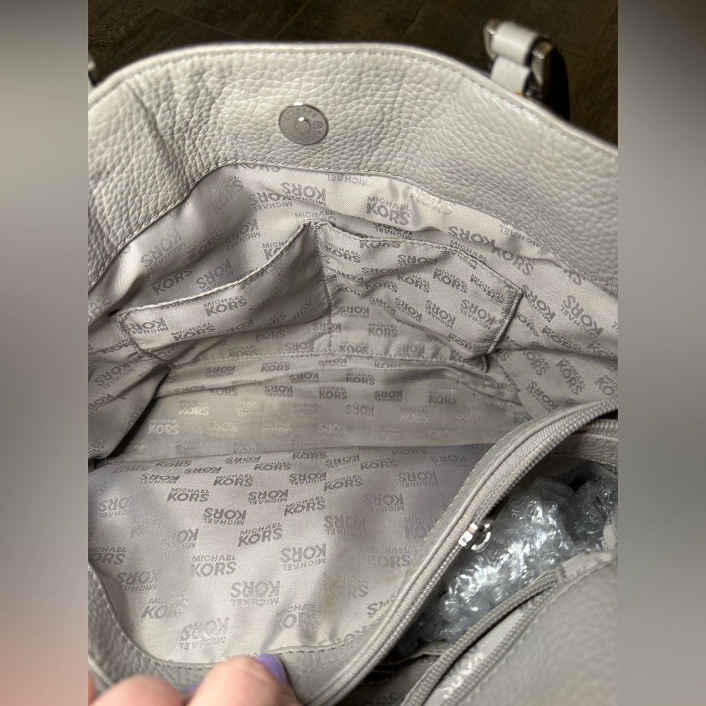 Michael Kors Light Gray Pebbled Leather Chain-Accent Tote - Picture 12 of 15